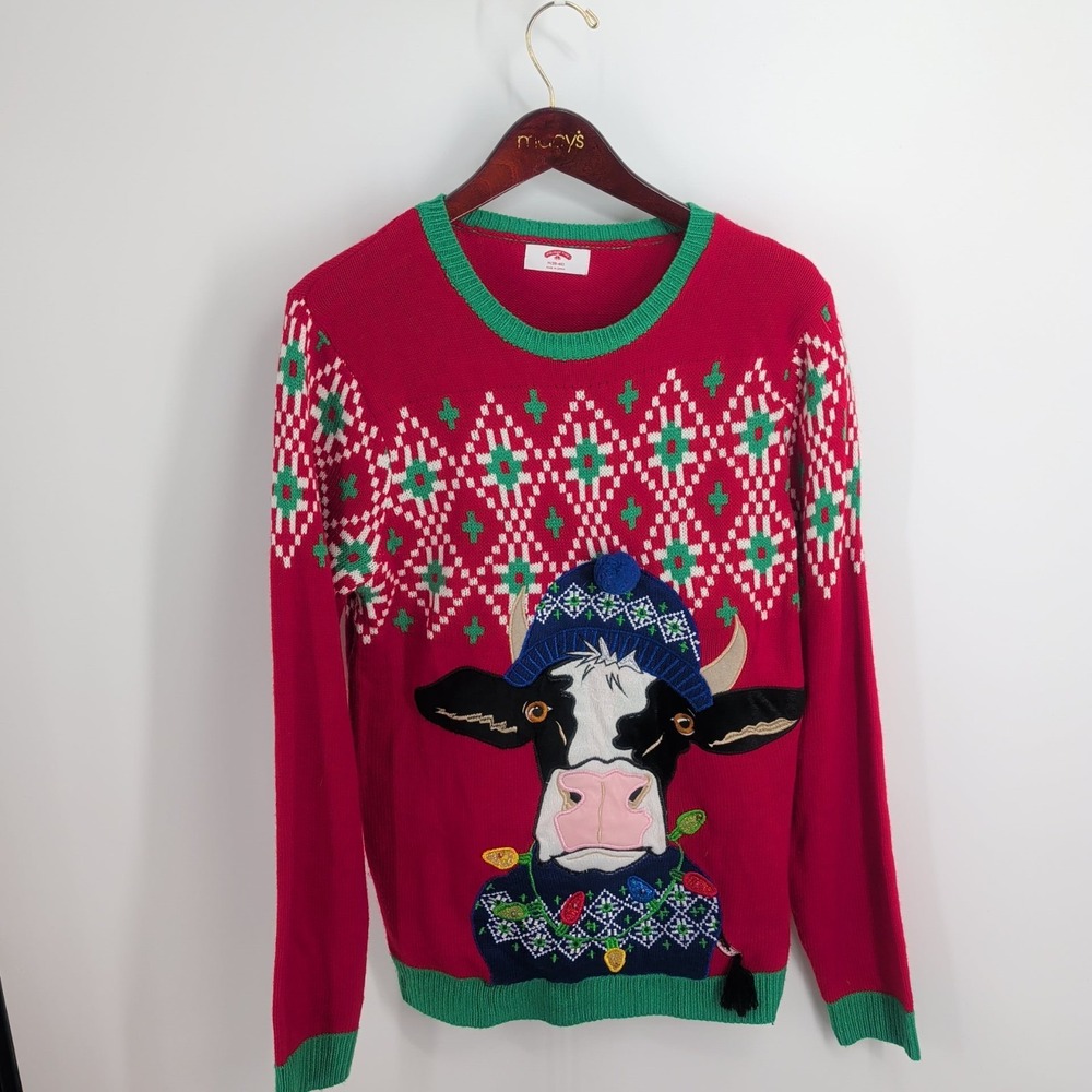 Holiday Time Ugly Christmas Cow Snowflake Pullover Sweater Red Combo Size M